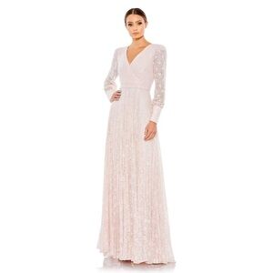 Mac Duggal 93679 NWT BEADED LACE LONG SLEEVE WRAP OVER GOWN